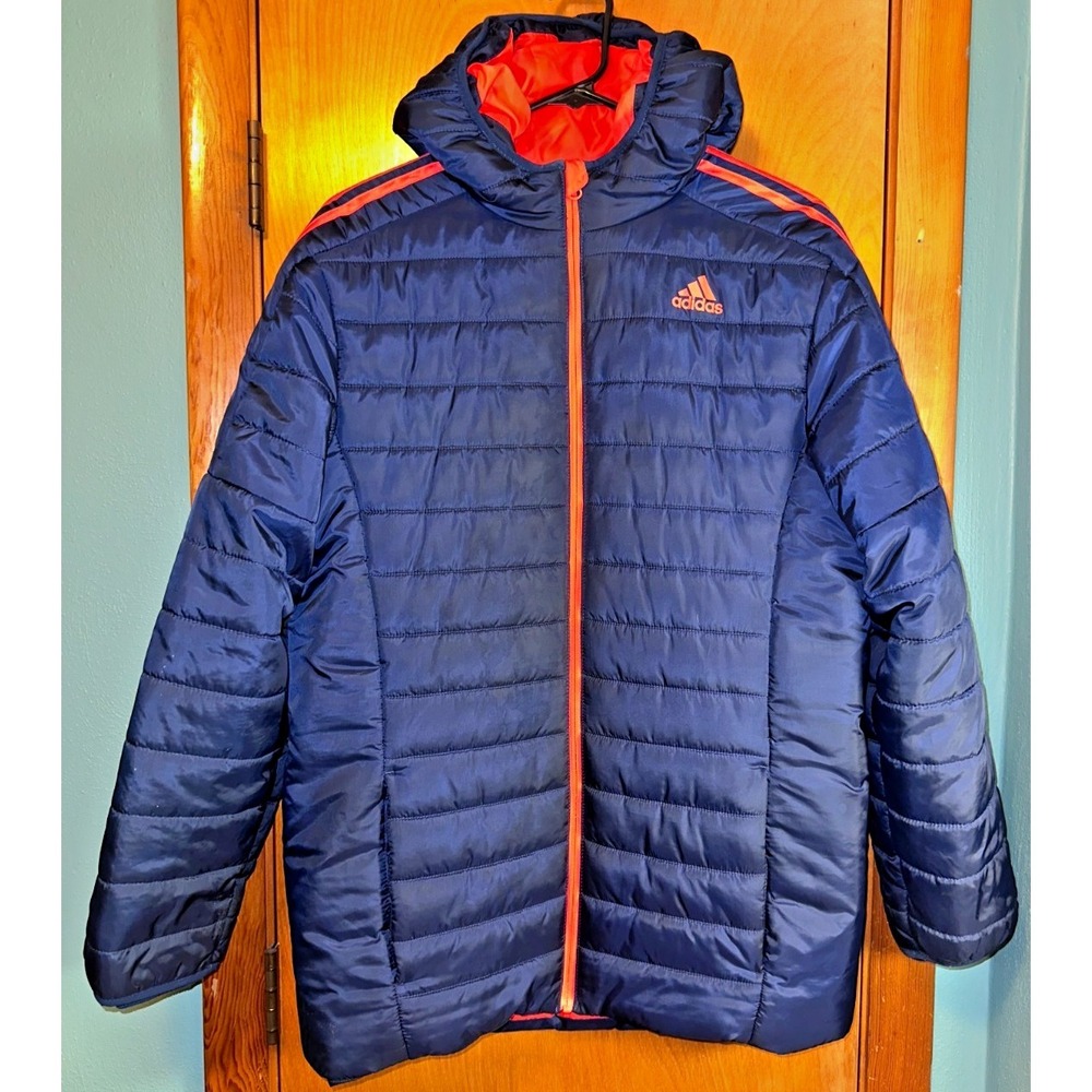 adidas Boys XL 18/20‎ Navy Blue Orange Hooded Puffer Jacket Coat